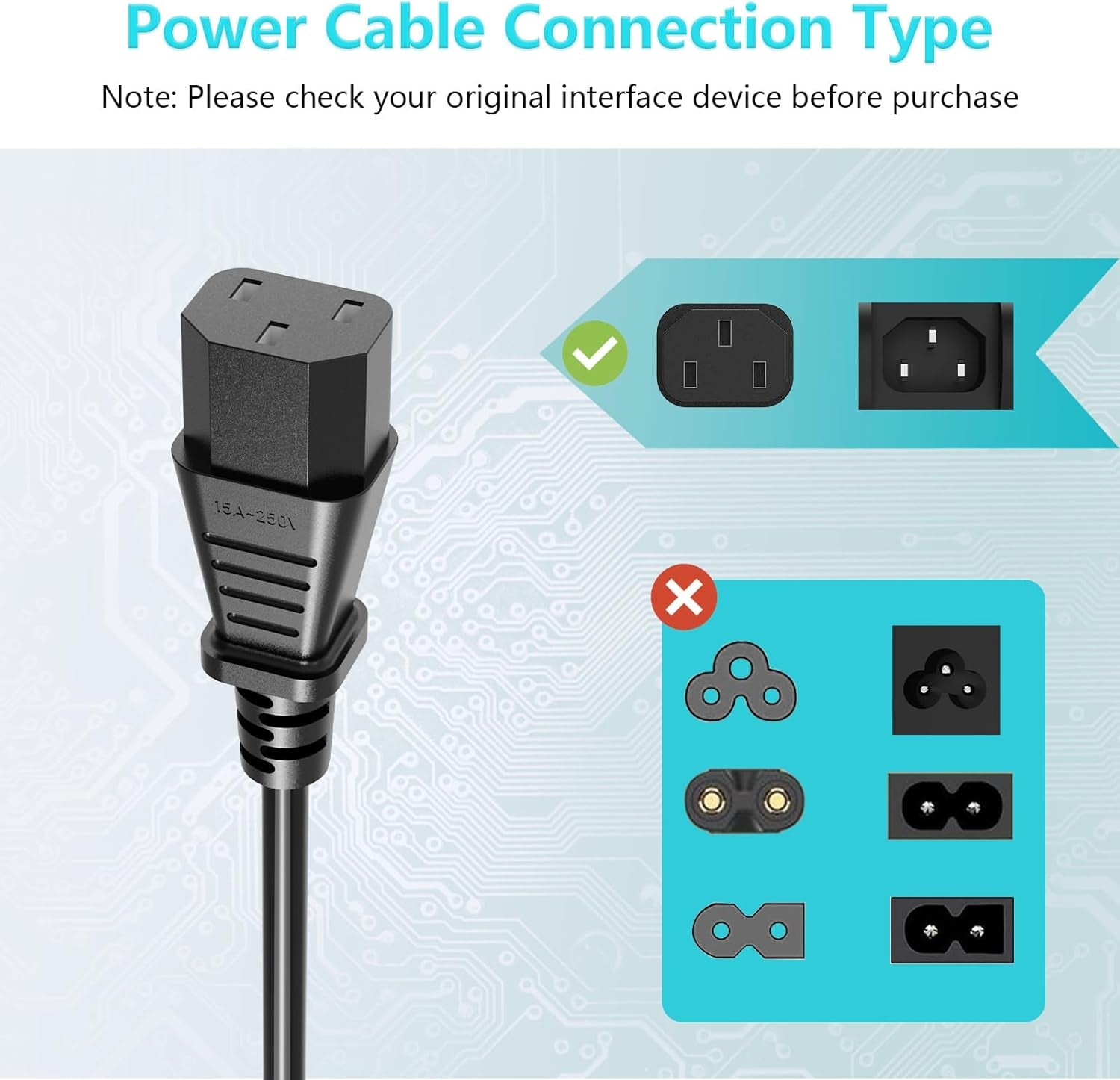 18 AWG Power Cable NEMA 5-15P to IEC320C13 for Computer Monitor and TV Replacement, 10FT 3-Prong Power Cord
