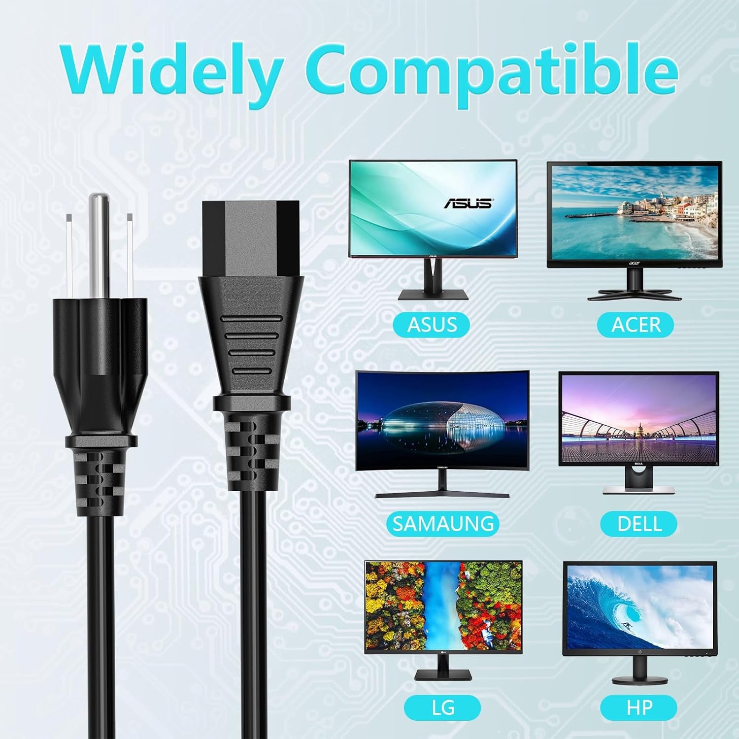 18 AWG Power Cable NEMA 5-15P to IEC320C13 for Computer Monitor and TV Replacement, 10FT 3-Prong Power Cord