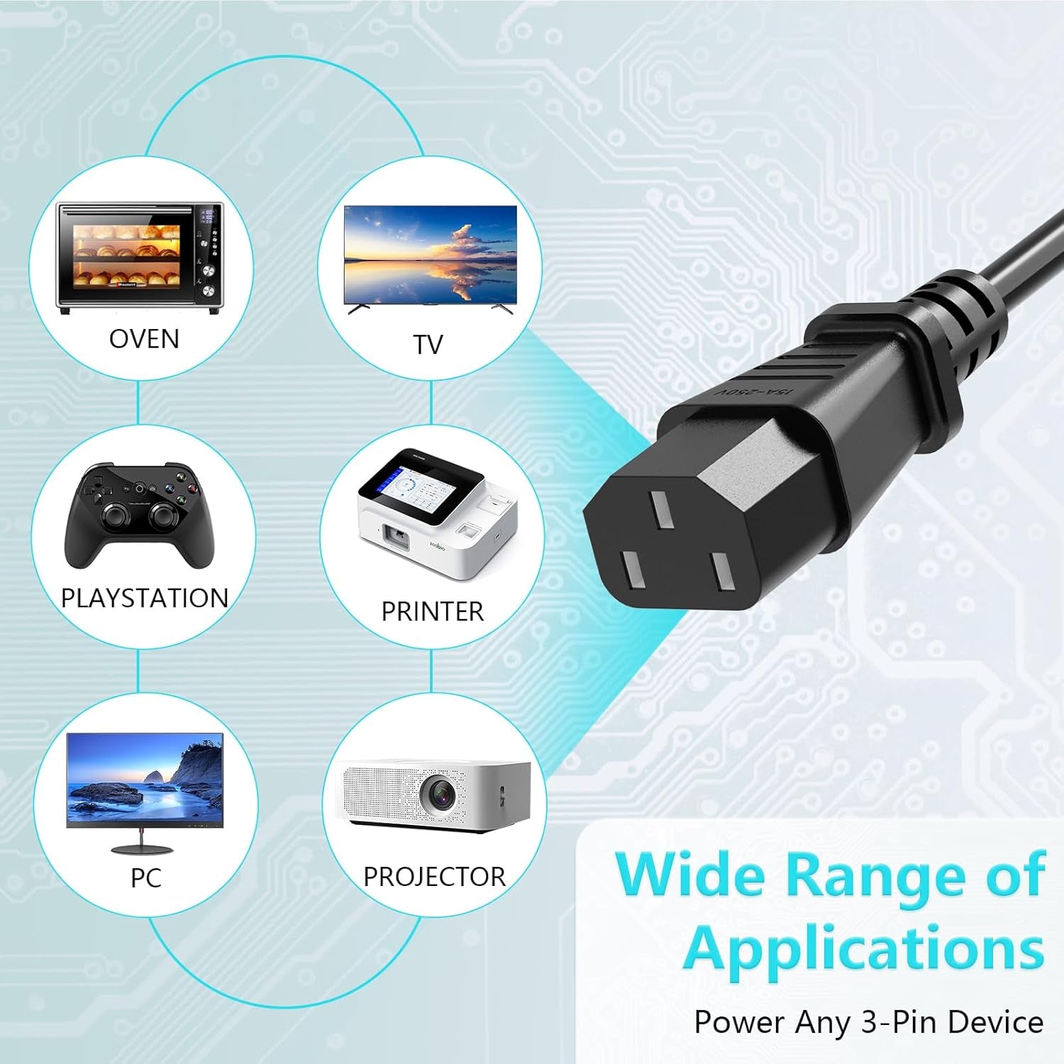 18 AWG Power Cable NEMA 5-15P to IEC320C13 for Computer Monitor and TV Replacement, 10FT 3-Prong Power Cord