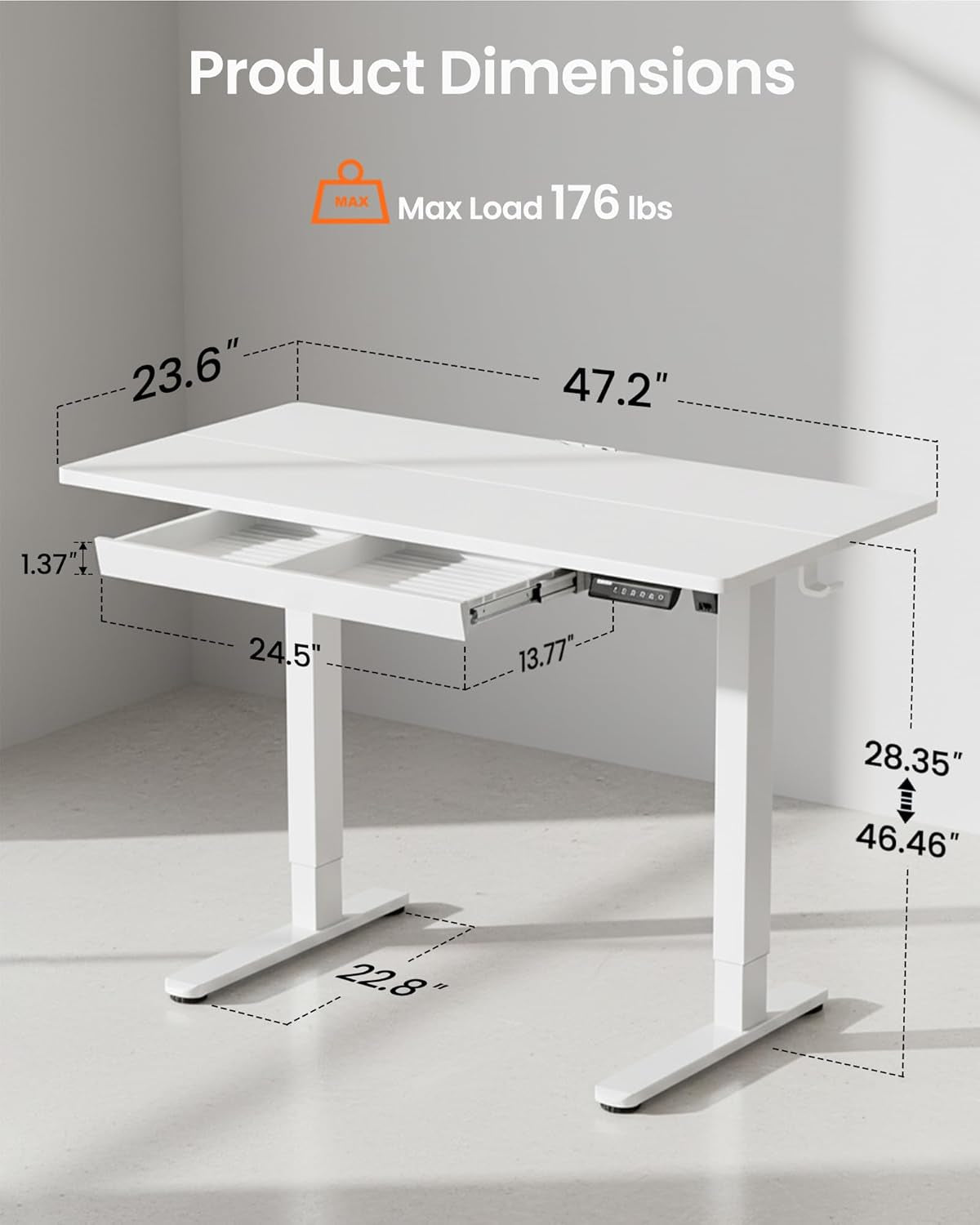 48 x 24 Inch Electric Adjustable Height Standing Desk with Drawers, Four Memory Height Settings, Sit-Stand Desk for Home Office and Computer Workstation, White
