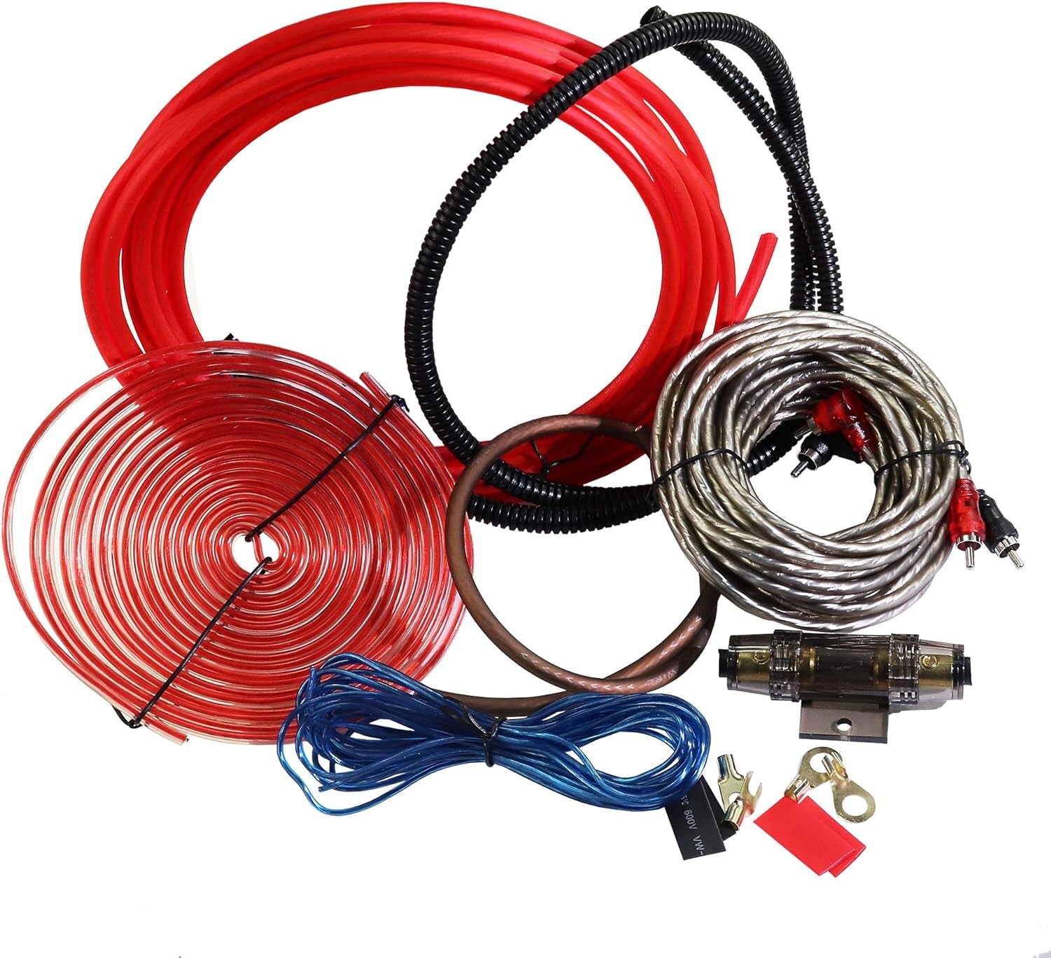 8 Gauge 800W High-Performance Complete Amplifier Wiring Kit with 60A AGU Fuse Holder, 17Ft Power/Ground Wire, and Blue RCA & Speaker Cables for Professional Car Audio Installation
