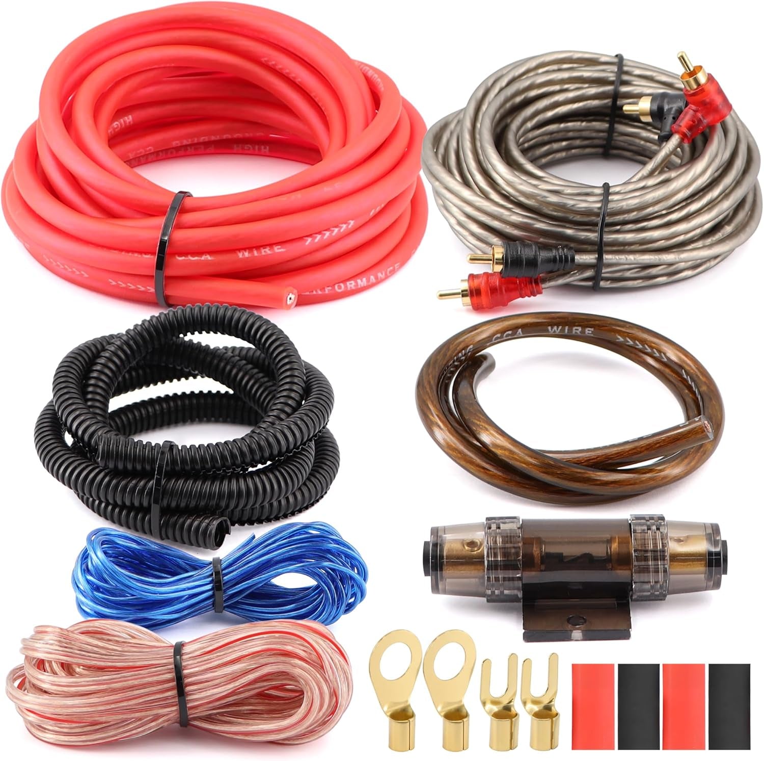 8 Gauge 800W High-Performance Complete Amplifier Wiring Kit with 60A AGU Fuse Holder, 17Ft Power/Ground Wire, and Blue RCA & Speaker Cables for Professional Car Audio Installation