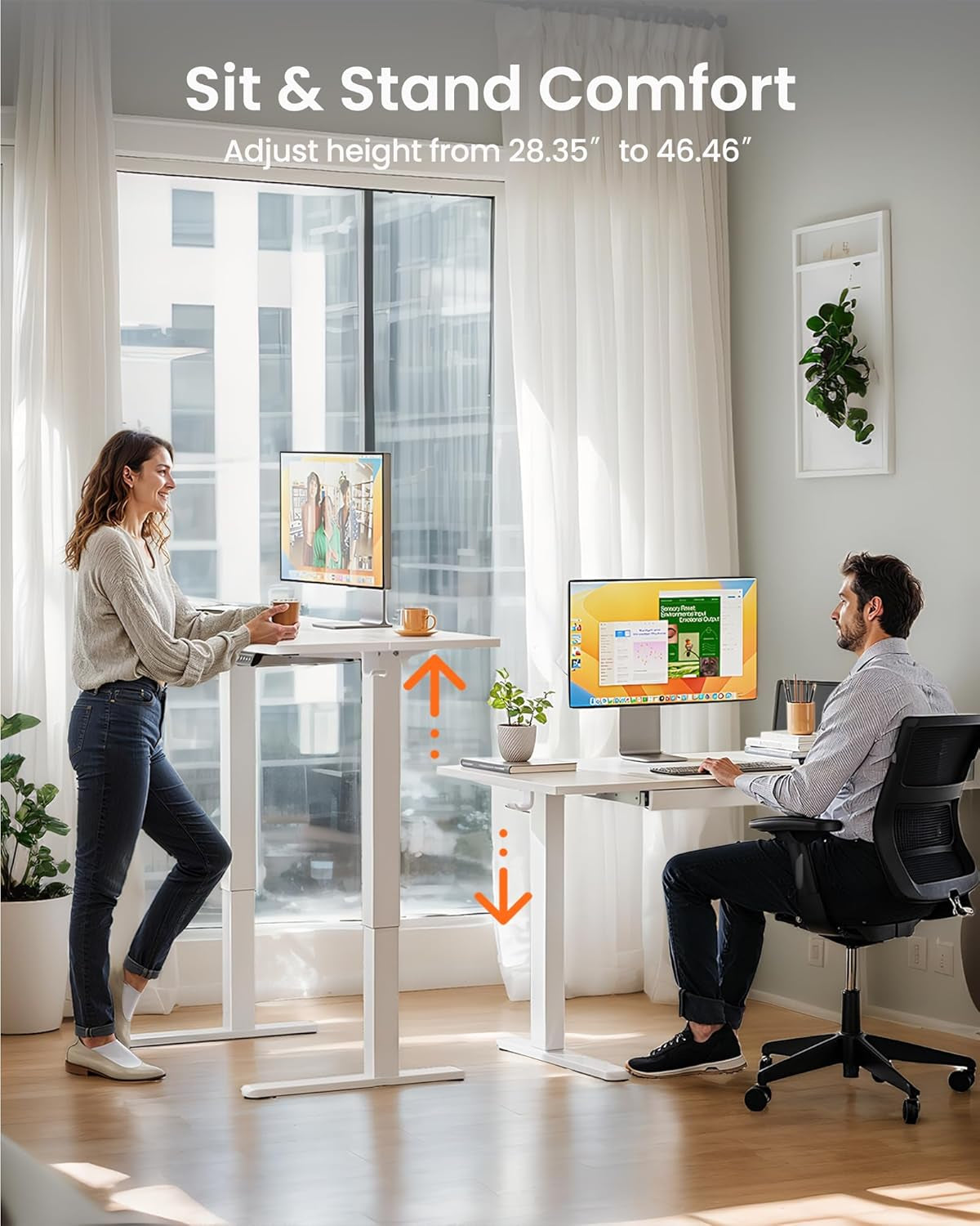 48 x 24 Inch Electric Adjustable Height Standing Desk with Drawers, Four Memory Height Settings, Sit-Stand Desk for Home Office and Computer Workstation, White