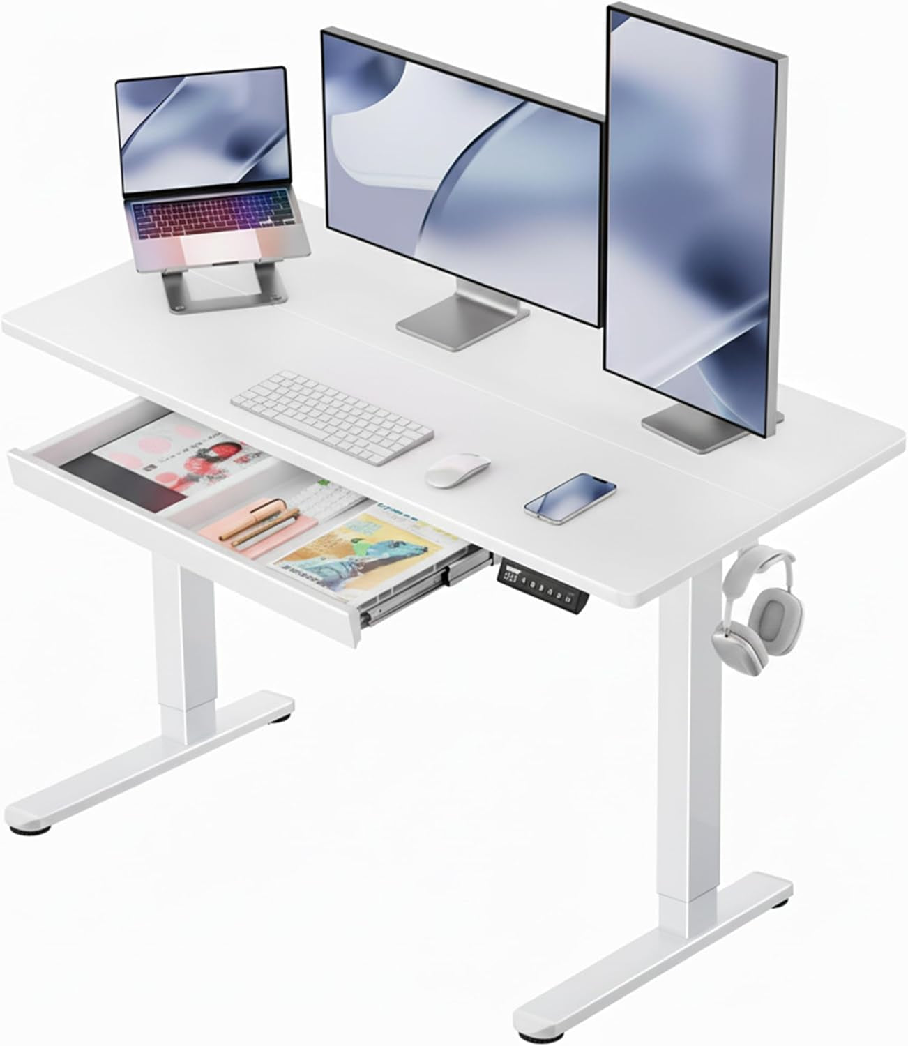48 x 24 Inch Electric Adjustable Height Standing Desk with Drawers, Four Memory Height Settings, Sit-Stand Desk for Home Office and Computer Workstation, White